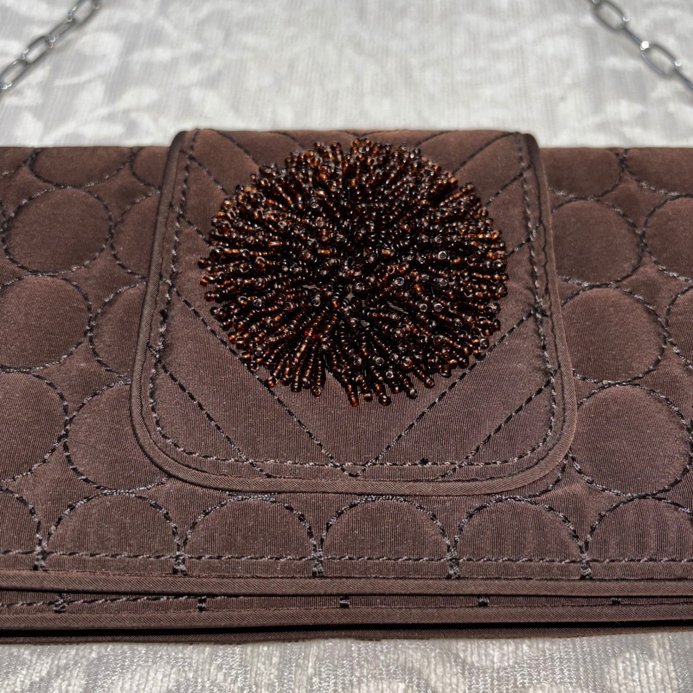 Vera Bradley Dazzle Clutch Espresso Brown Quilted Beaded Pom Pom Purse - Picture 4 of 12
